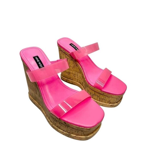 Nine West Sandals Size 6 Pink Open Toe Double Strap Slip On Platform Wedges - Picture 2 of 9